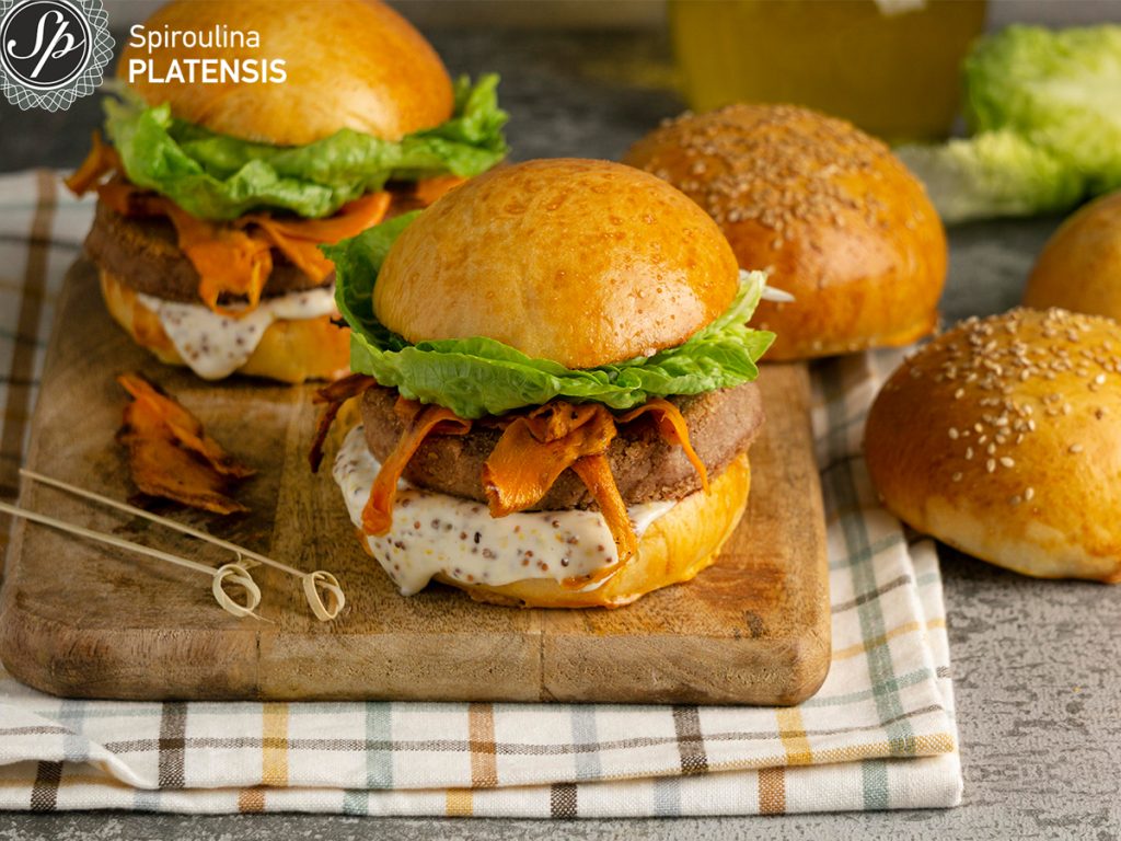 composition with delicious vegan burger spiroulina platensis