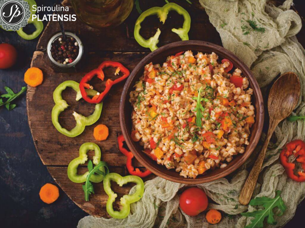 recipe barley with vegetables soybeans and spiroulina platensis flakes spirulina superfood