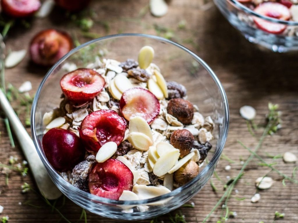 granola bowl cereals with cherries spiroulina platensis spirulina flakes superfood