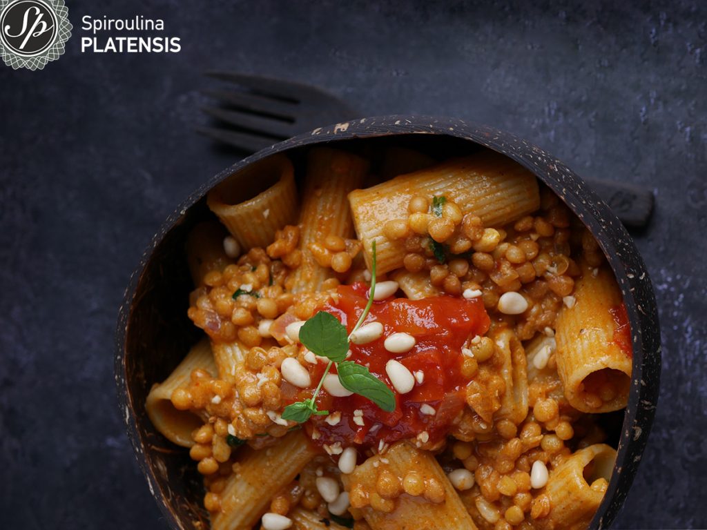 pasta with lentils in coconut bowl spiroulina platensis spirulina site