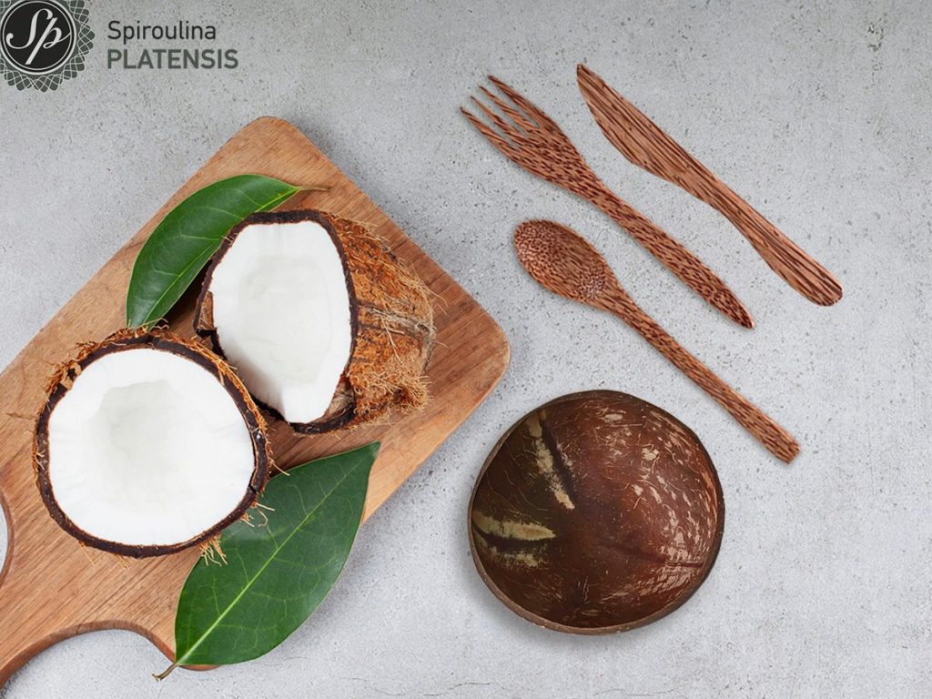 June goal: I follow a more eco lifestyle wooden cutting board with sliced coconut leaves high quality spiroulina platensis