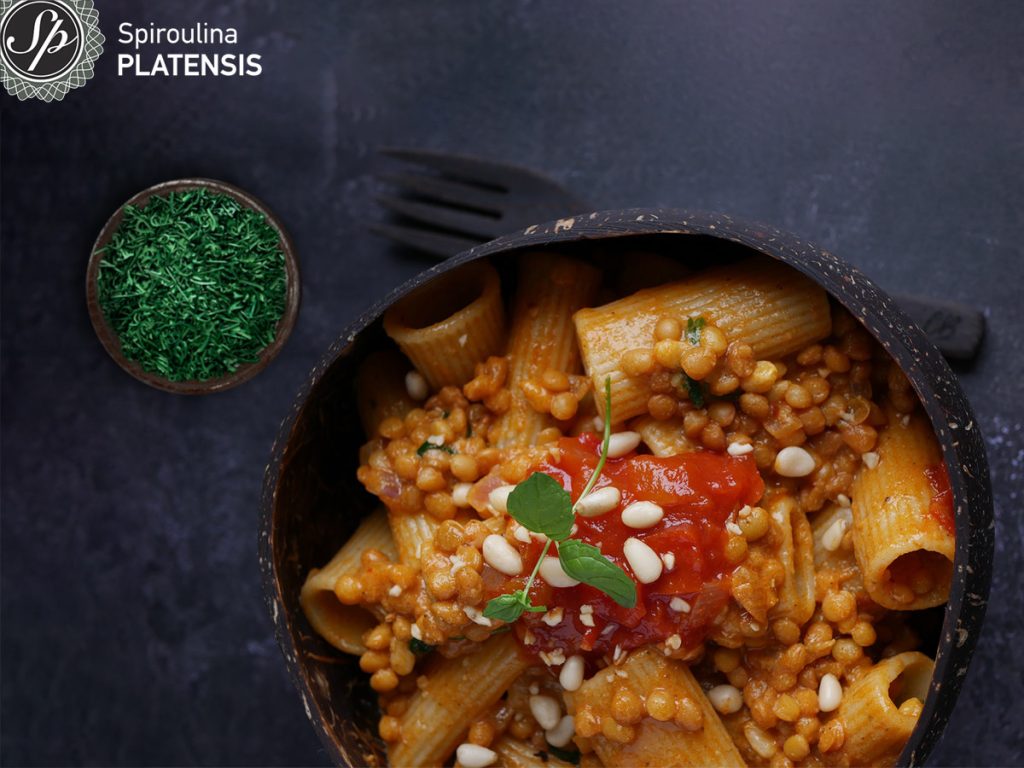 Ριγκατόνι Bio με θυμάρι & vegan σάλτσα bolognese bolognese bio spiroulina platensis pasta spirulina
