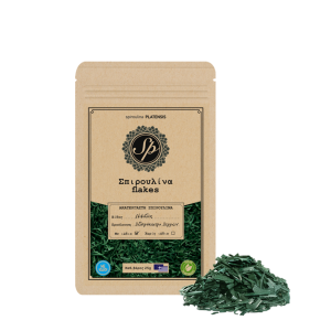 Home Spiroulina PLATENSIS flakes με ιώδιο — ελληνική σπιρουλίνα σε λεπτά φύλλα, συσκευασία 25g.