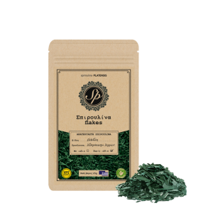 Home Spiroulina PLATENSIS flakes χωρίς ιώδιο — ελληνική σπιρουλίνα σε λεπτά φύλλα, συσκευασία 25g.